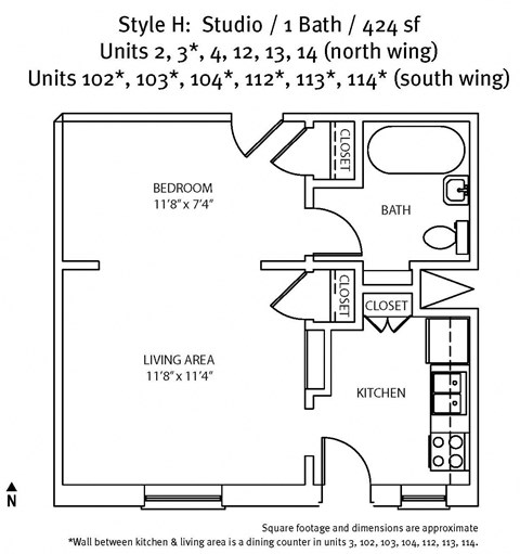 Floor plan for studio, 1 bath, 424 sqft