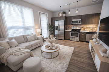 Denver apartment for rent - A modern living room with a white sofa and a coffee table.