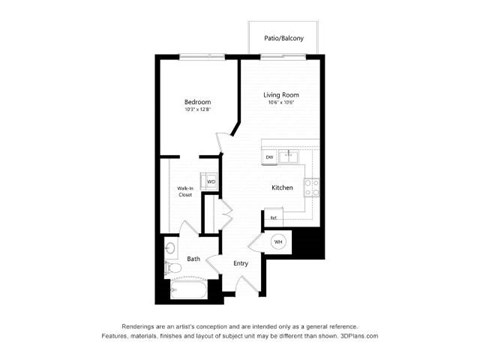 Floor plan for 1 bed, 1 bath, 653 sqft