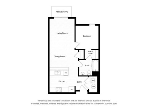 Floor plan for 1 bed, 1 bath, 750 sqft