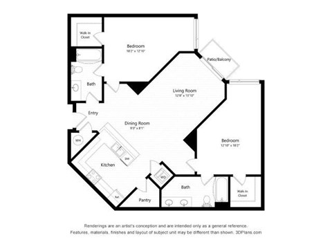 Floor plan for 2 beds, 2 baths, 1289 sqft