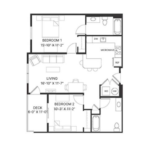 Floor plan for 2 beds, 2 baths, 939 sqft