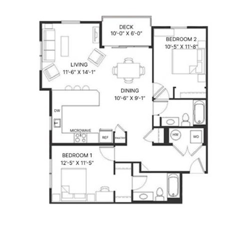 Floor plan for 2 beds, 2 baths, 1105 sqft