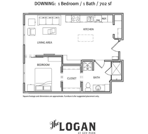 Floor plan for 1 bed, 1 bath, 702 sqft