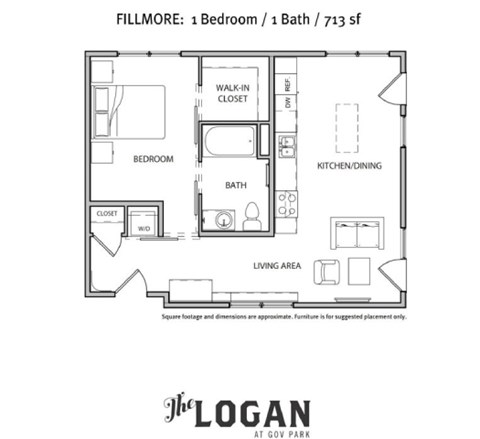 Floor plan for 1 bed, 1 bath, 713 sqft