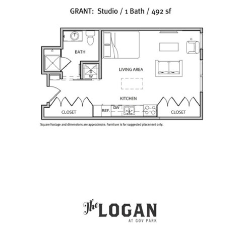 Floor plan for studio, 1 bath, 492 sqft