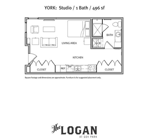 Floor plan for studio, 1 bath, 496 sqft