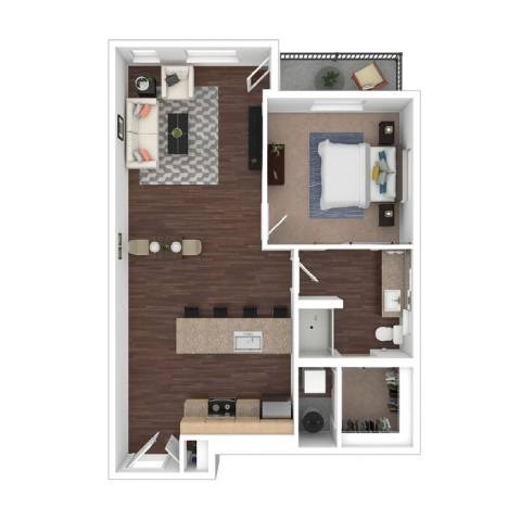 Floor plan for 1 bed, 1 bath, 708 sqft