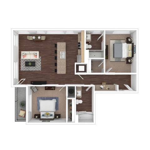 Floor plan for 2 beds, 2 baths, 951 sqft