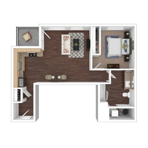 Floor plan for 1 bed, 1 bath, 631 sqft