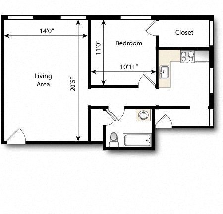 Floor plan for 1 bed, 1 bath, 925 sqft