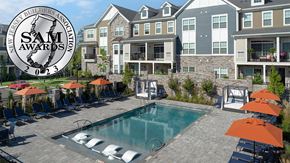 Hillsborough apartment for rent - an image of a swimming pool in front of an apartment building
