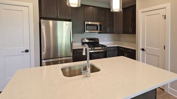 Quartz countertops in kitchen and bathrooms