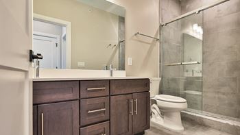 Walk-in shower with porcelain tile