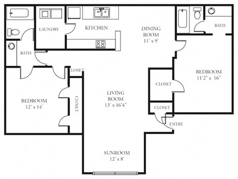 Floor plan for 2 beds, 2 baths, 1185 sqft