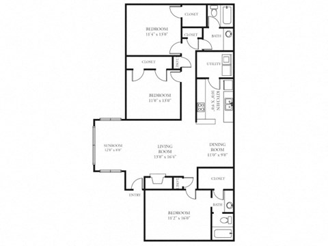 Floor plan for 3 beds, 2 baths, 1463 sqft