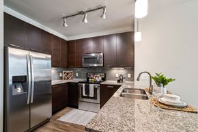 Charlotte apartment for rent - A modern kitchen with dark wood cabinets and stainless steel appliances.