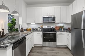 Waynesville apartment for rent - a kitchen with stainless steel appliances and white cabinets