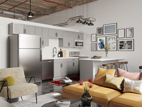 Atlanta apartment for rent - a living room with a yellow couch and a kitchen in the background
