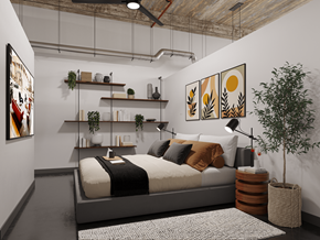 Atlanta apartment for rent - a bedroom with a bed and shelves on the wall