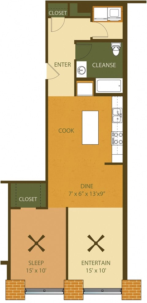Floor plan for 1 bed, 1 bath, 882 sqft