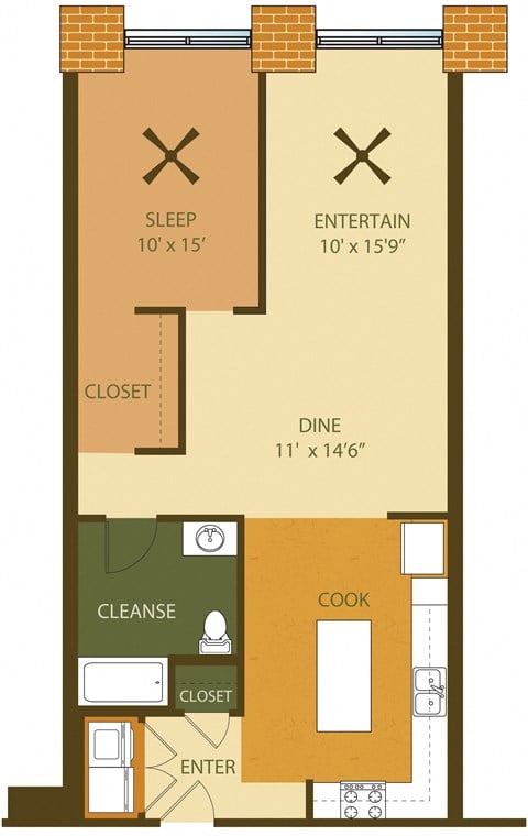 Floor plan for 1 bed, 1 bath, 902 sqft