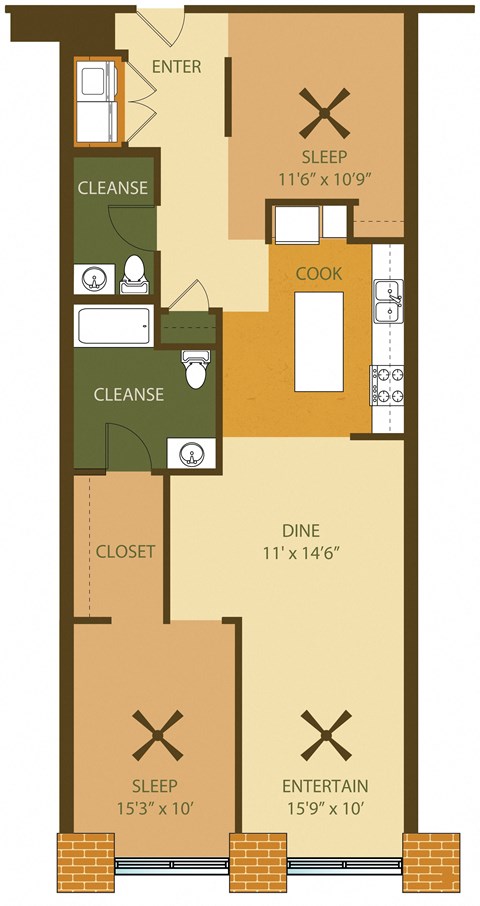 Floor plan for 2 beds, 2 baths, 1122 sqft