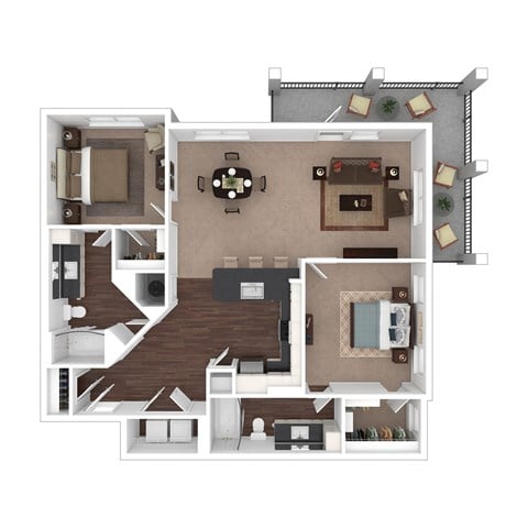 Floor plan for 2 beds, 2 baths, 1107 sqft