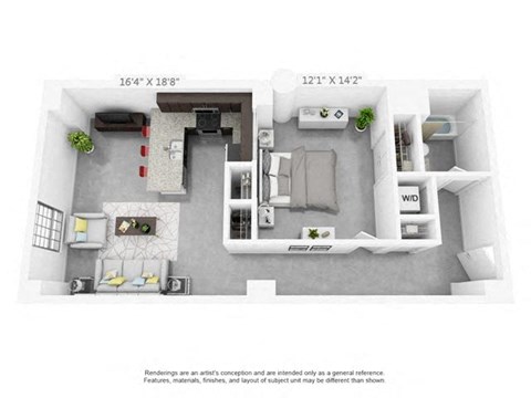 Floor plan for 1 bed, 1 bath, 766 sqft
