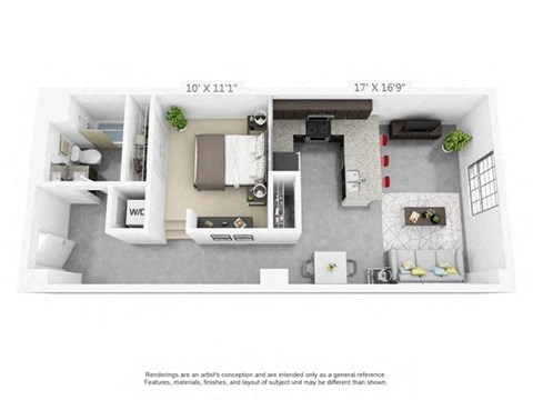Floor plan for 1 bed, 1 bath, 675 sqft