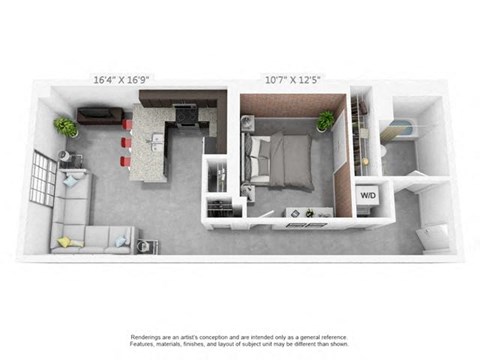 Floor plan for 1 bed, 1 bath, 675 sqft