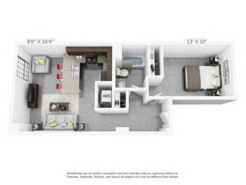 Floor plan for 1 bed, 1 bath, 579 sqft