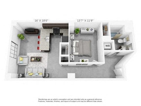 Floor plan for 1 bed, 1 bath, 719 sqft