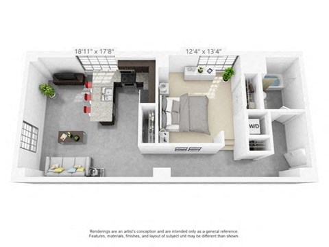 Floor plan for 1 bed, 1 bath, 725 sqft