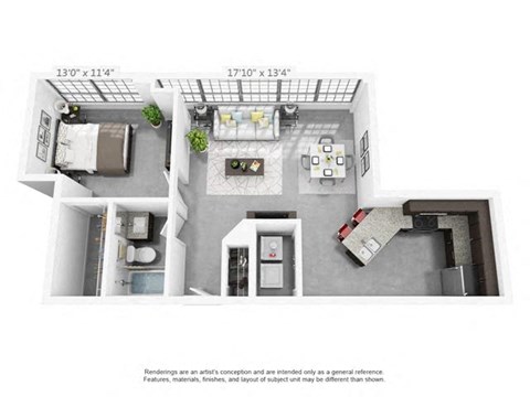 Floor plan for 1 bed, 1 bath, 688 sqft