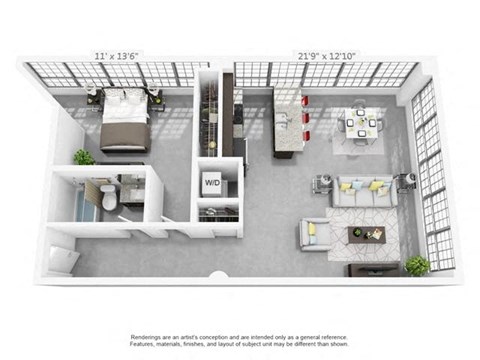 Floor plan for 1 bed, 1 bath, 853 sqft