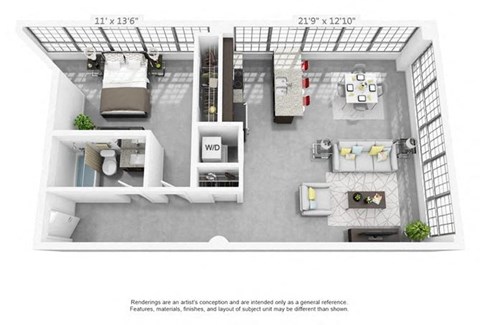 Floor plan for 1 bed, 1 bath, 882 sqft