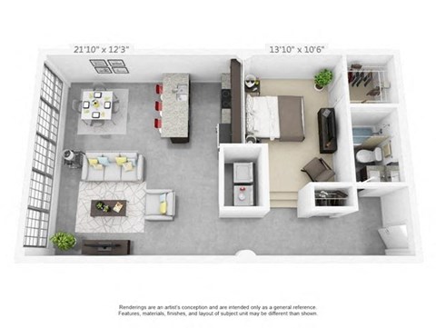 Floor plan for 1 bed, 1 bath, 833 sqft