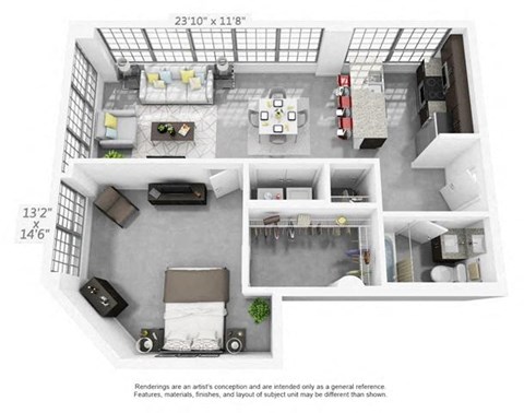 Floor plan for 1 bed, 1 bath, 792 sqft