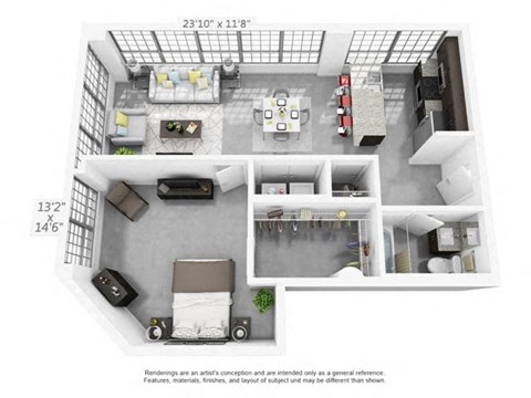 Floor plan for 1 bed, 1 bath, 792 sqft