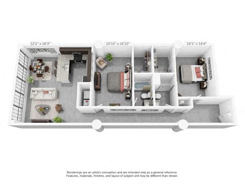 Floor plan for 2 beds, 2 baths, 1138 sqft