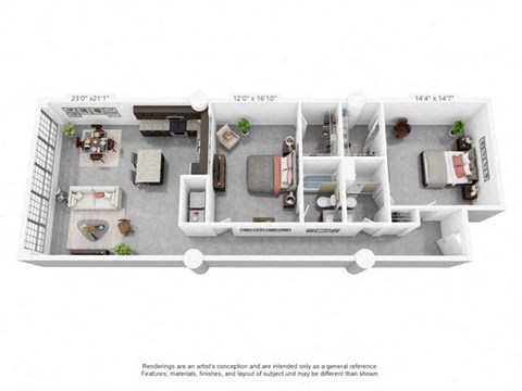 Floor plan for 2 beds, 2 baths, 1263 sqft