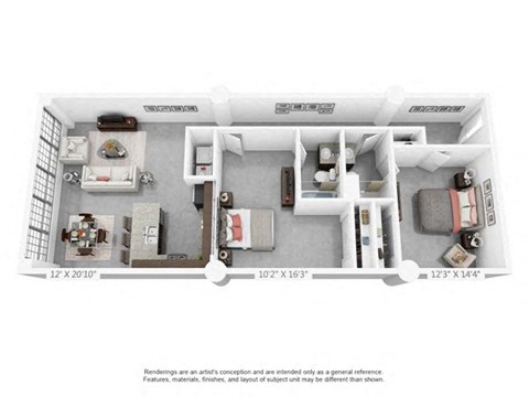 Floor plan for 2 beds, 2 baths, 1142 sqft