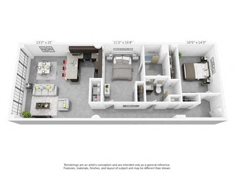 Floor plan for 2 beds, 2 baths, 1142 sqft