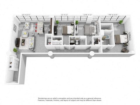 Floor plan for 3 beds, 2 baths, 1480 sqft