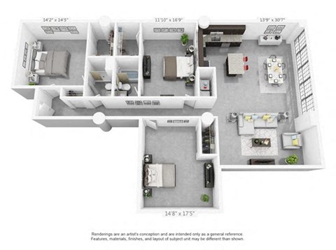Floor plan for 3 beds, 2 baths, 1729 sqft