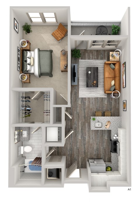 Floor plan for 1 bed, 1 bath, 703 sqft