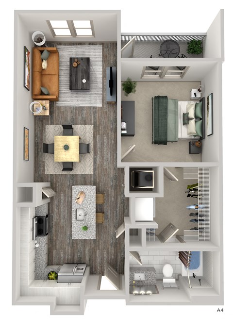 Floor plan for 1 bed, 1 bath, 750 sqft