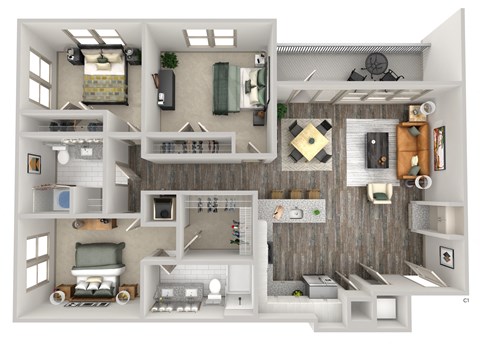 Floor plan for 3 beds, 2 baths, 1380 sqft