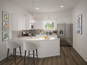 Athens apartment for rent - a rendering of a kitchen with a large island and two stools